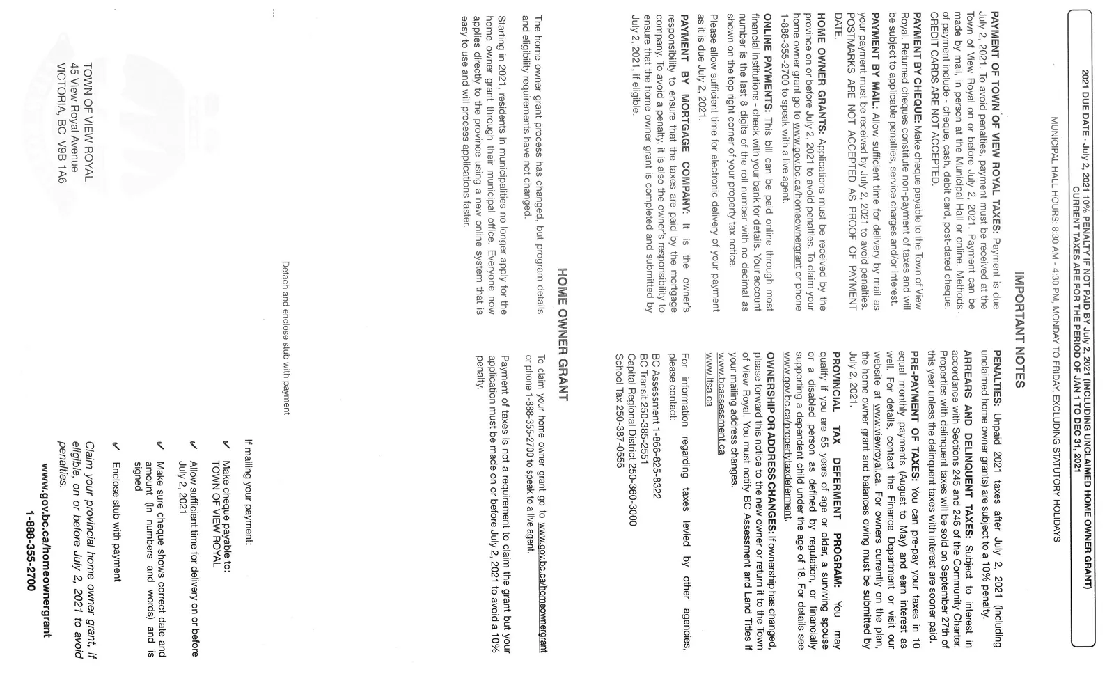 Reverse side of the Property Tax Notice containing detailed important notes and the payment stub