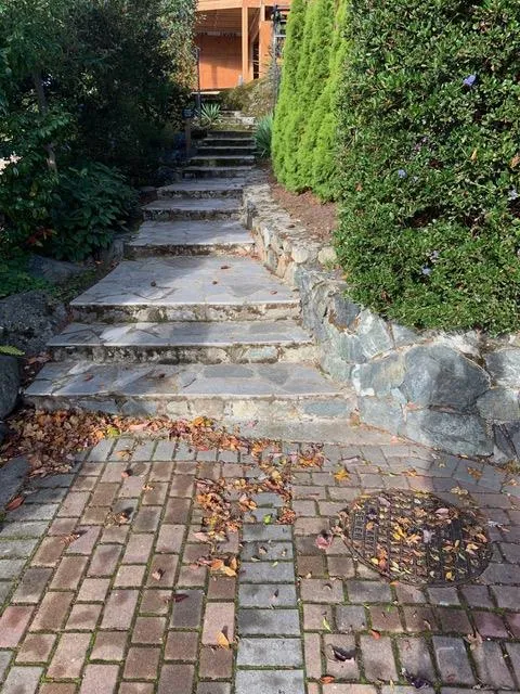 Stone steps leading up from a brick-paved walkway