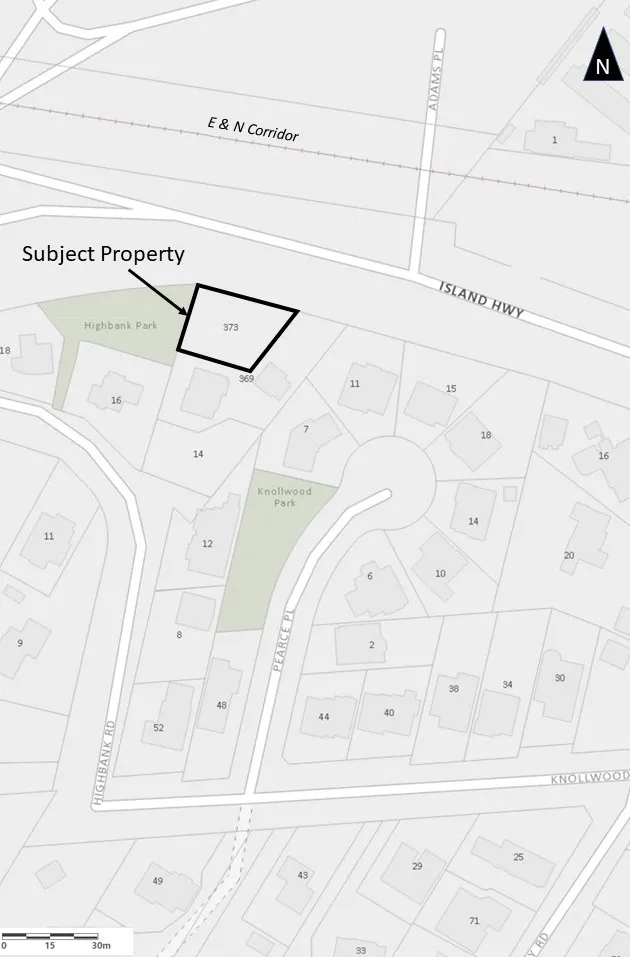 Subject Property Location Map showing lot 373 located between Highbank Park and Island Hwy, with surrounding features including the E & N Corridor, Adams Pl, Highbank Rd, Pearce Pl, and Knollwood Park.