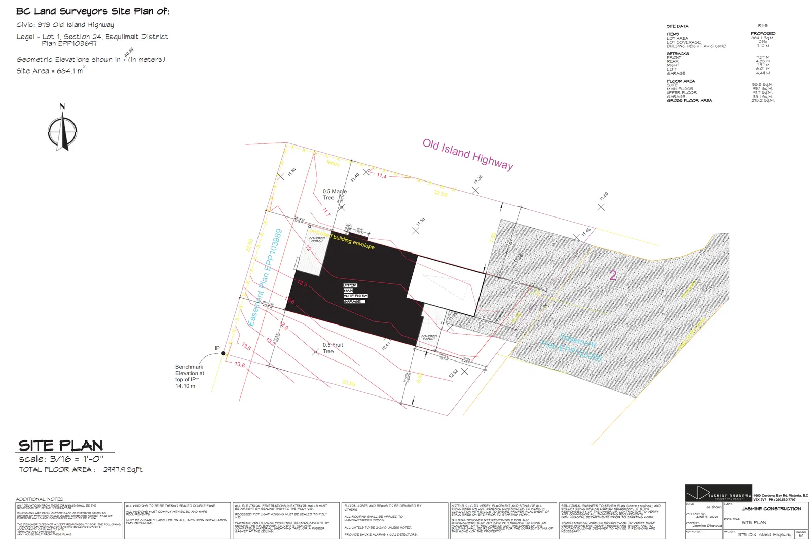 Detailed BC Land Surveyors Site Plan for 373 Old Island Highway showing lot dimensions, easements, and the proposed building envelope