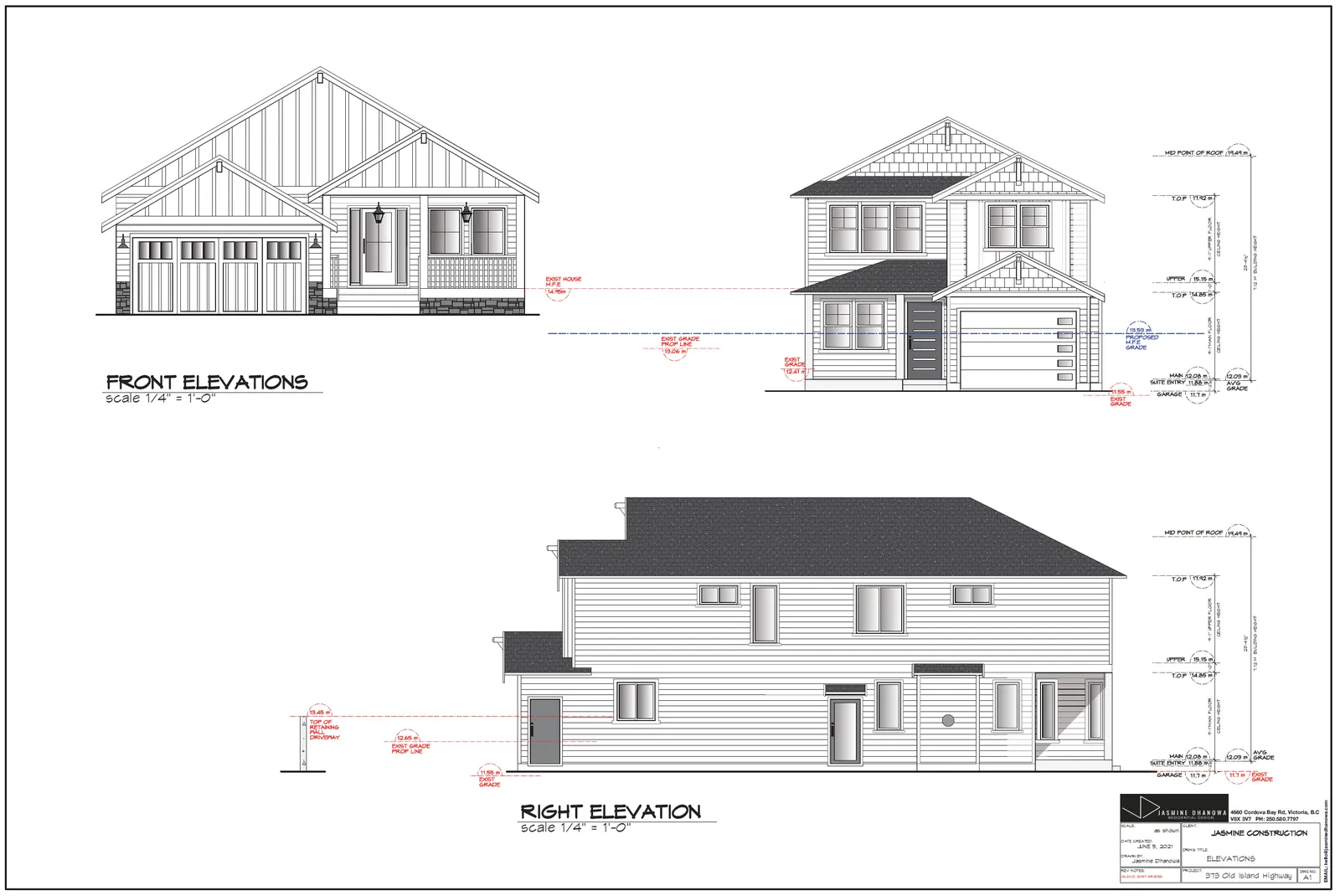 Architectural drawings showing the front and right elevations of the proposed dwelling