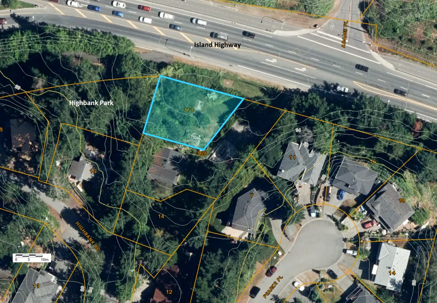 Aerial photo with property lines and topography overlaid, showing the subject property and the original parcel prior to 2021 subdivision
