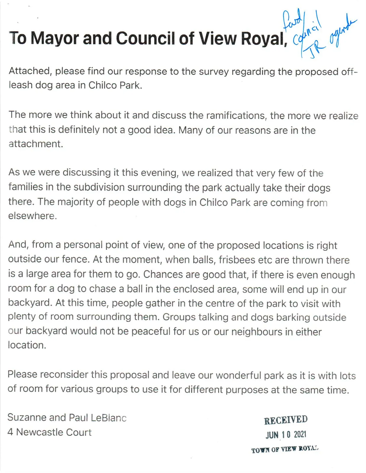 Letter from Suzanne and Paul LeBlanc regarding the proposed off-leash dog area in Chilco Park