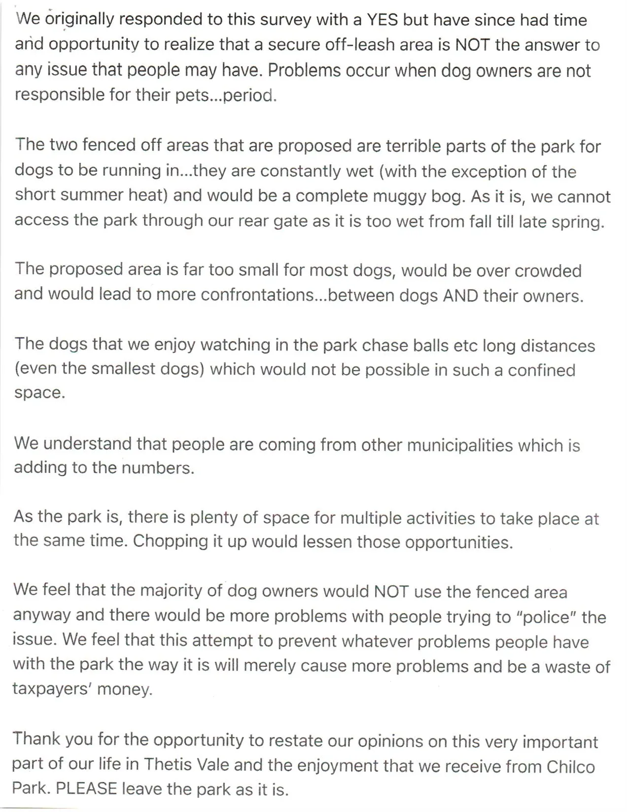 Attached response detailing objections to the off-leash dog area proposal