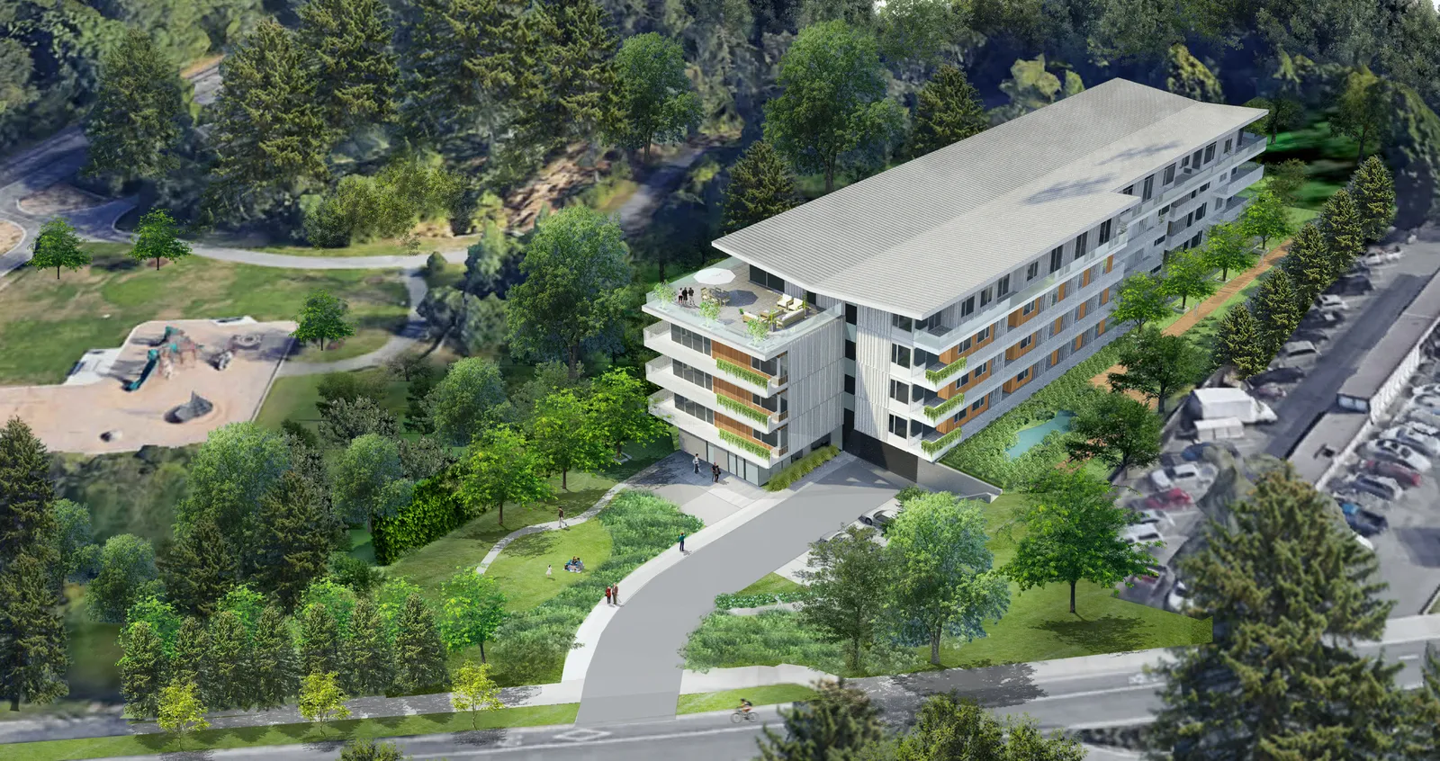 Aerial architectural rendering of the Portage Park Residences project