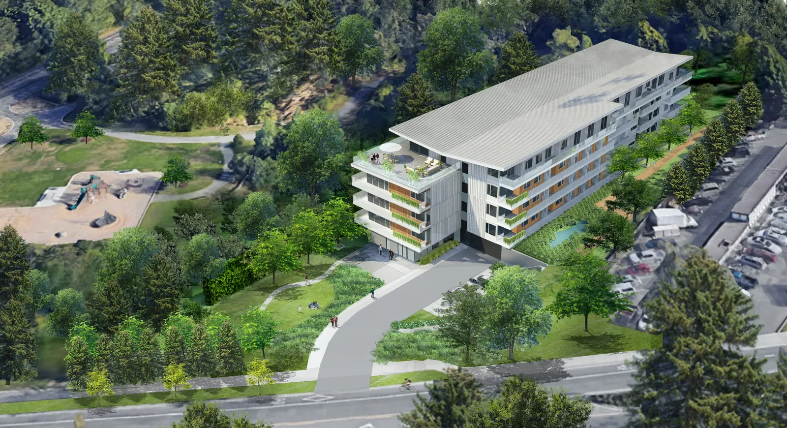 Aerial architectural rendering of the Portage Park Residences development