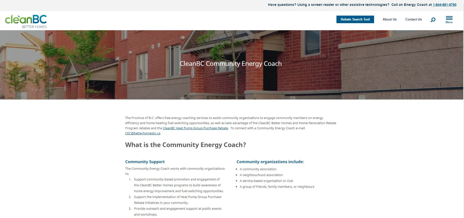 Screenshot of the CleanBC Community Energy Coach webpage