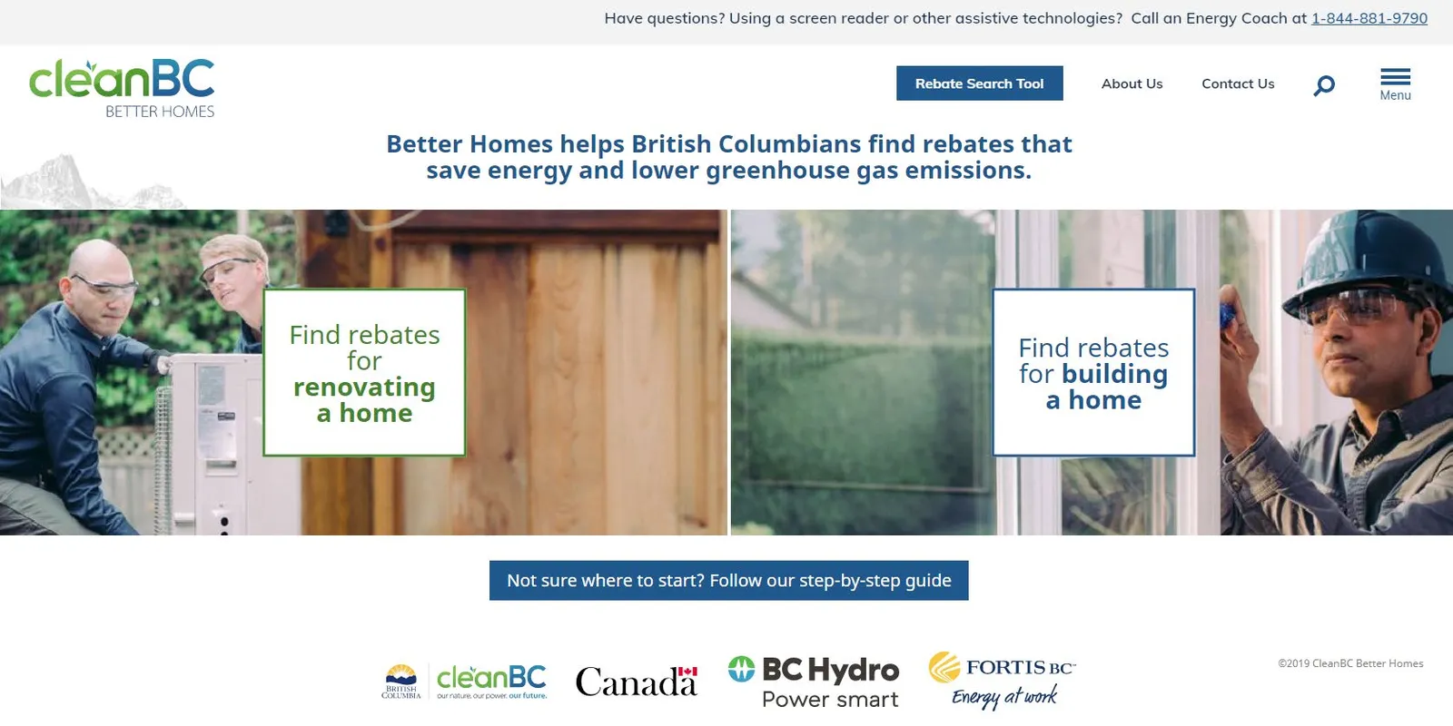 Screenshot of the CleanBC Better Homes homepage showing options for renovating or building a home