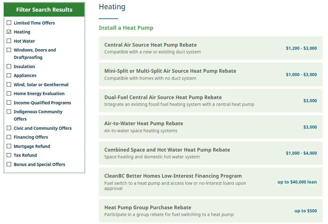 Close-up of heating rebate results from the search tool including various heat pump rebates and a low-interest financing program
