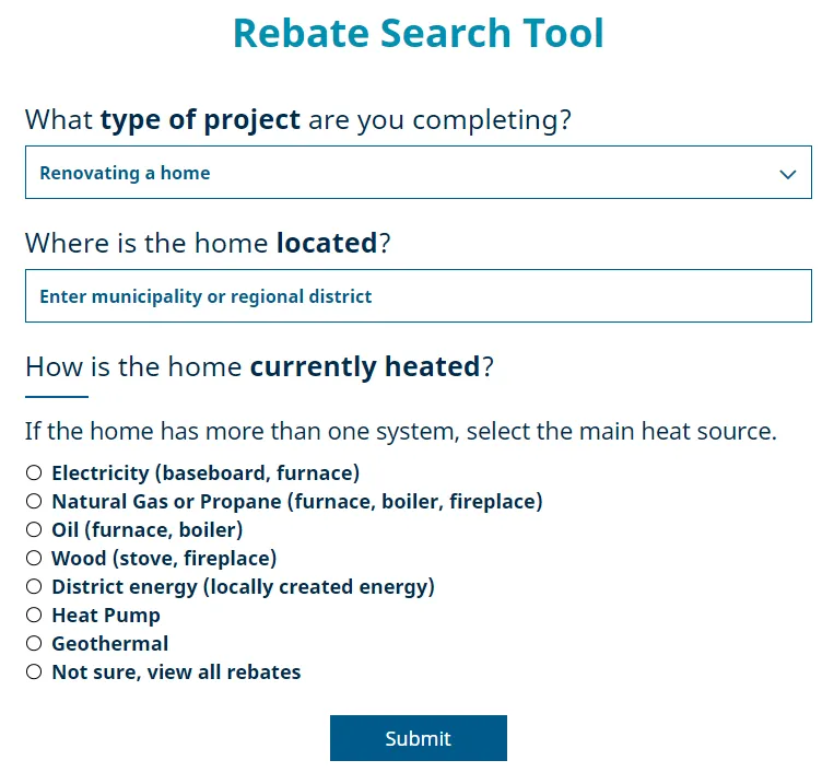 Screenshot of the Rebate Search Tool interface on the Better Homes BC website