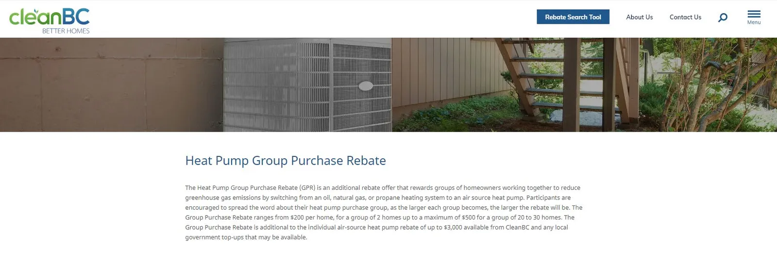 Screenshot of the Heat Pump Group Purchase Rebate webpage