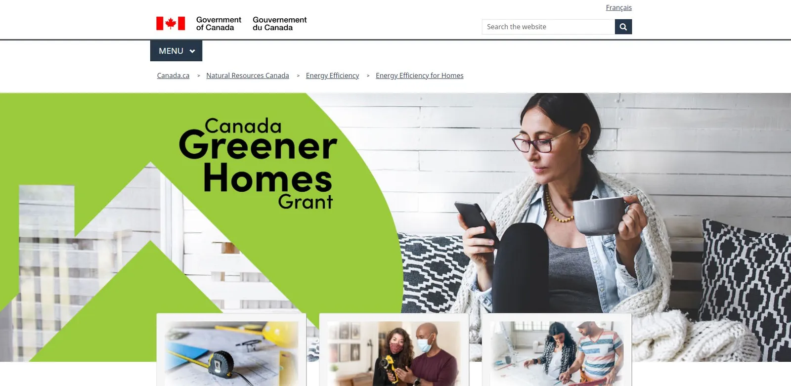 Screenshot of the Canada Greener Homes Grant webpage showing a woman sitting with a coffee mug and phone