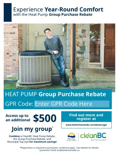 Poster template for Heat Pump Group Purchase Rebate featuring a man leaning against a heat pump outdoor unit