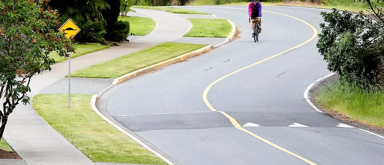 A cyclist riding along a winding paved road with a yellow center line and green bike lanes