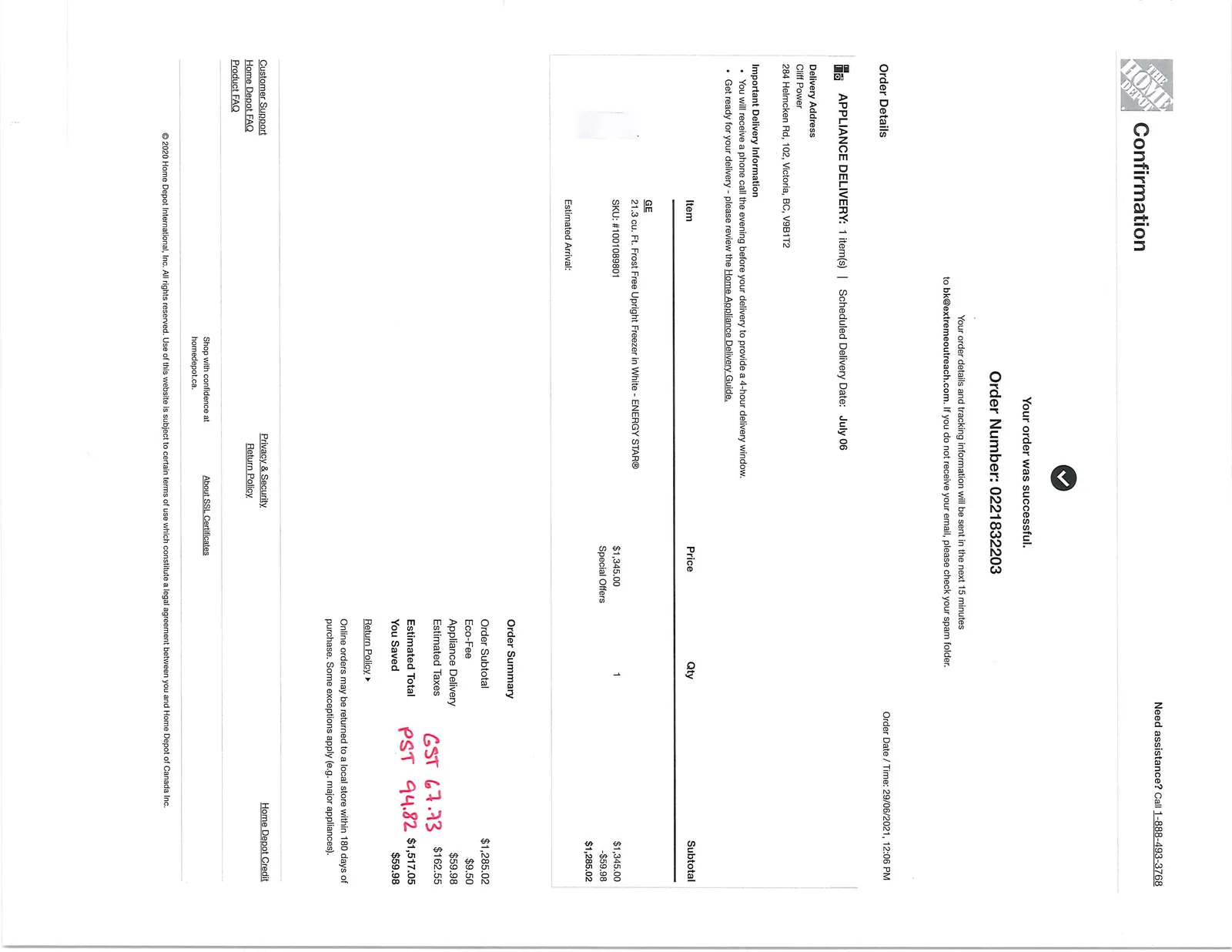 Order confirmation for a GE upright freezer from The Home Depot