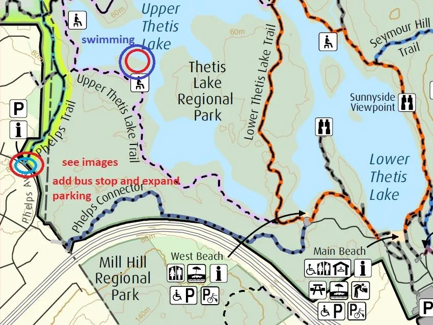 Map of Thetis Lake Regional Park indicating a swimming area and proposed location to add a bus stop and expand parking at Phelps Trail