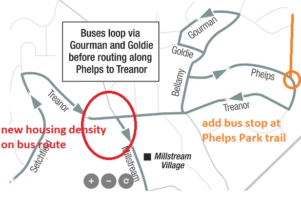 Map of Bus Route # 56 showing proposed bus stop at Phelps Park trail and area of new housing density on the route