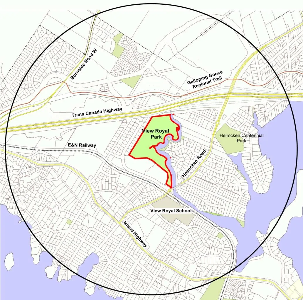 Map 1: Context Plan (circle shows area within 1km of the park)