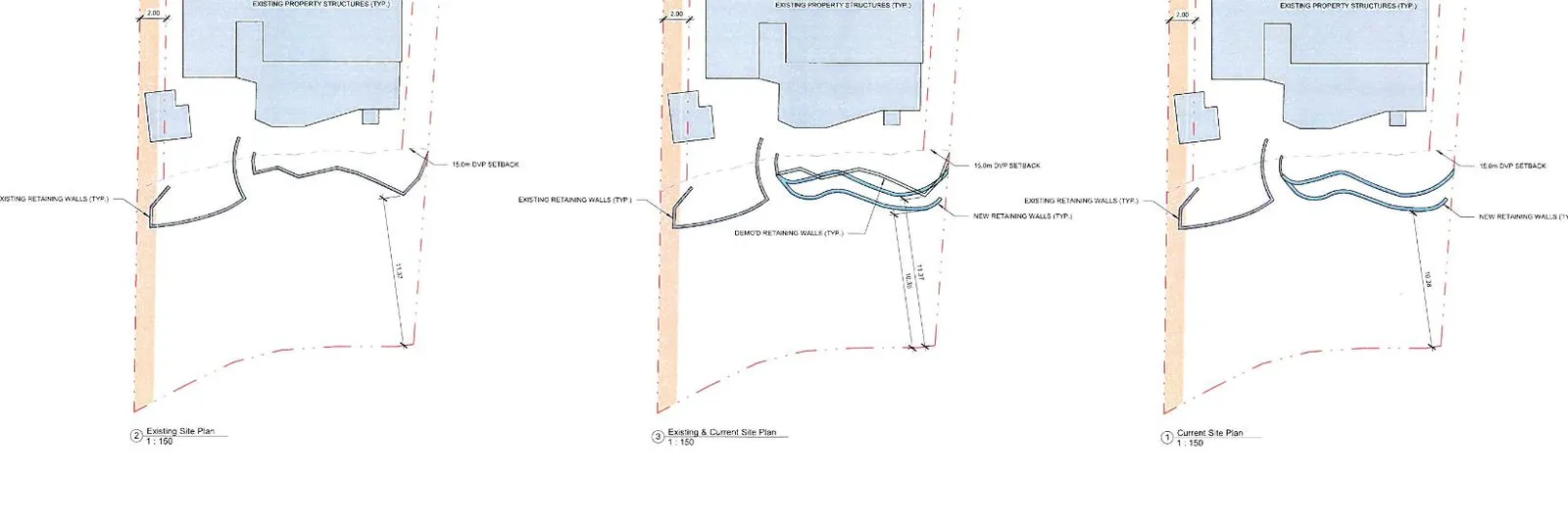Sequence of site plans showing existing site plan, existing & current site plan, and current site plan