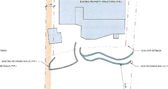 Detailed site plan layout showing 15.0m DVP setback line and locations of new and existing retaining walls