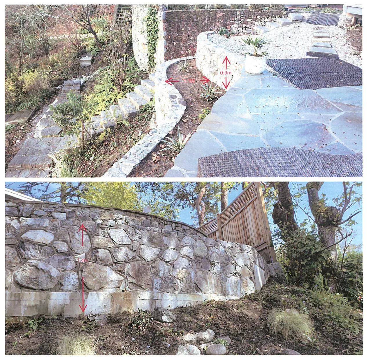 Photograph showing tiered stone walls and stone steps with a 0.9m height measurement annotation