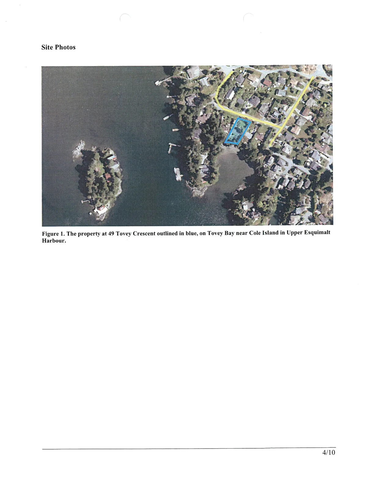 Figure 1. The property at 49 Tovey Crescent outlined in blue, on Tovey Bay near Cole Island in Upper Esquimalt Harbour.