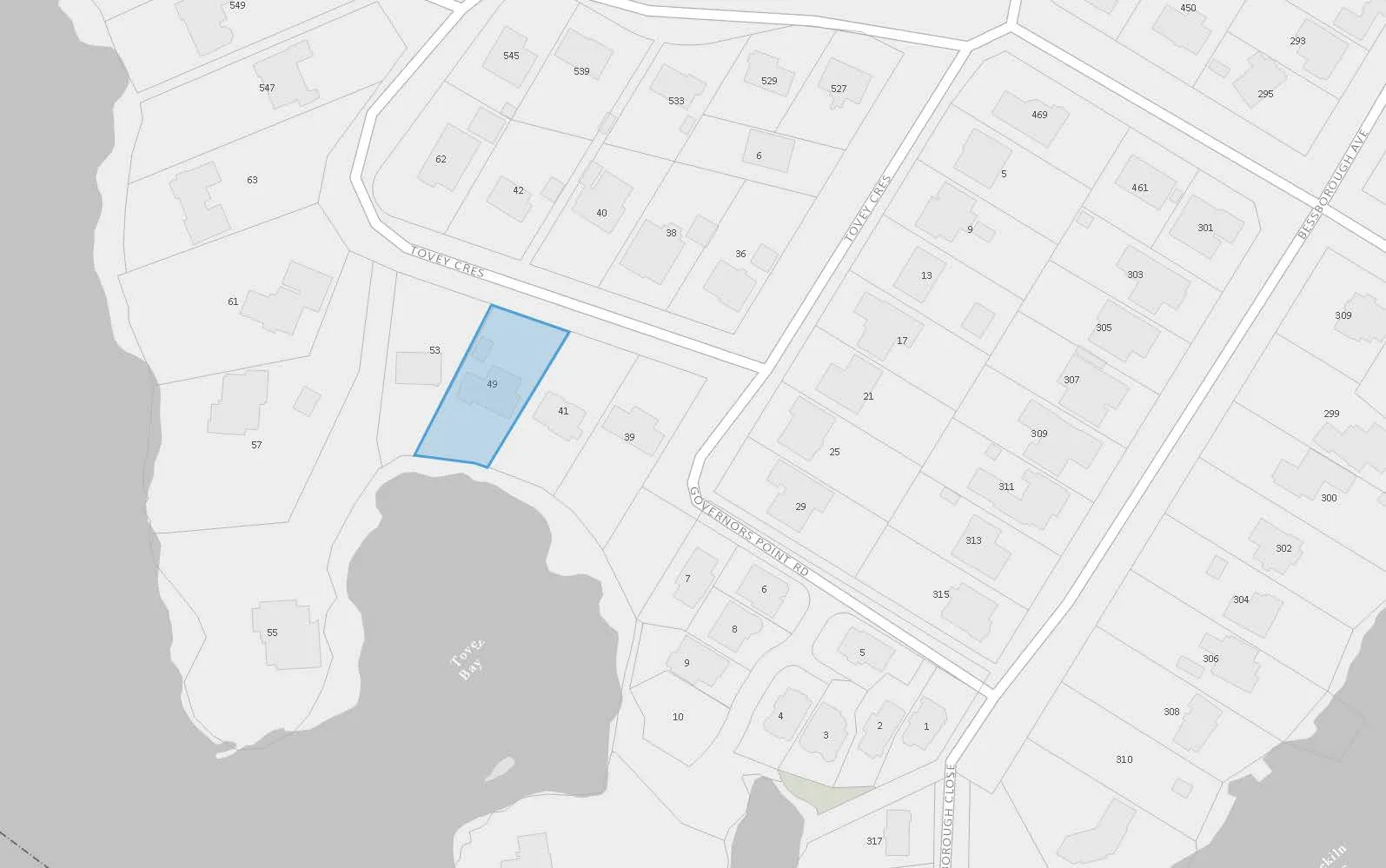 Map of the property at 49 Tovey Crescent and the surrounding area near Tovey Bay