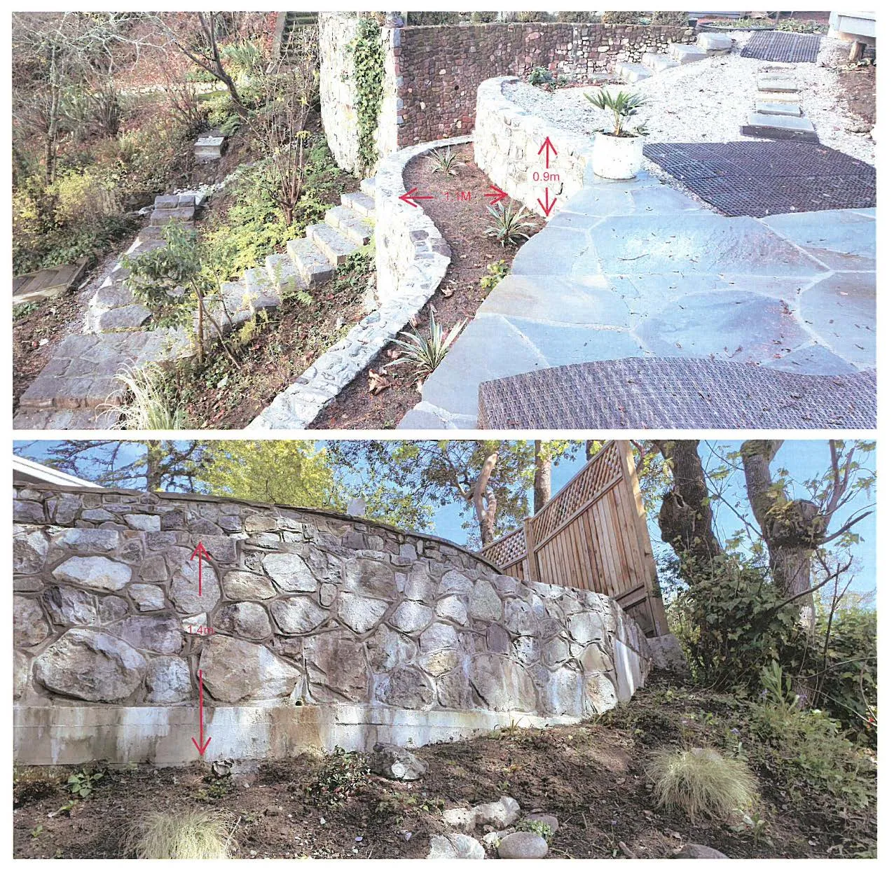 Two photographs showing the construction and height measurements of the recently completed stone retaining walls