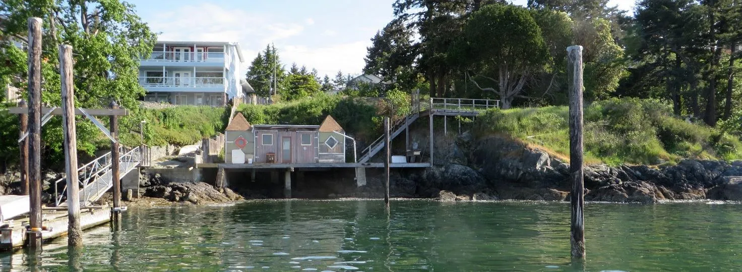 Photograph of the original boathouse and platform structure extending over the water at the shoreline