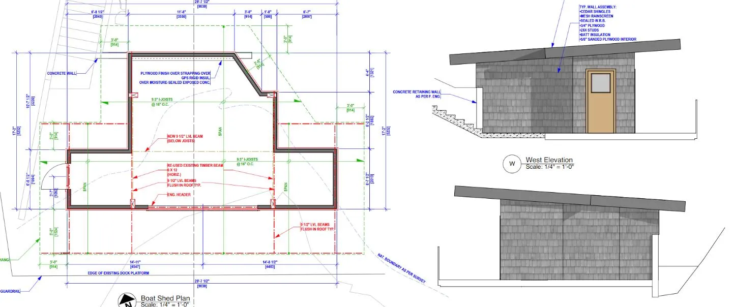 Architectural drawings showing the Boat Shed Plan, North Elevation, and West Elevation with material specifications