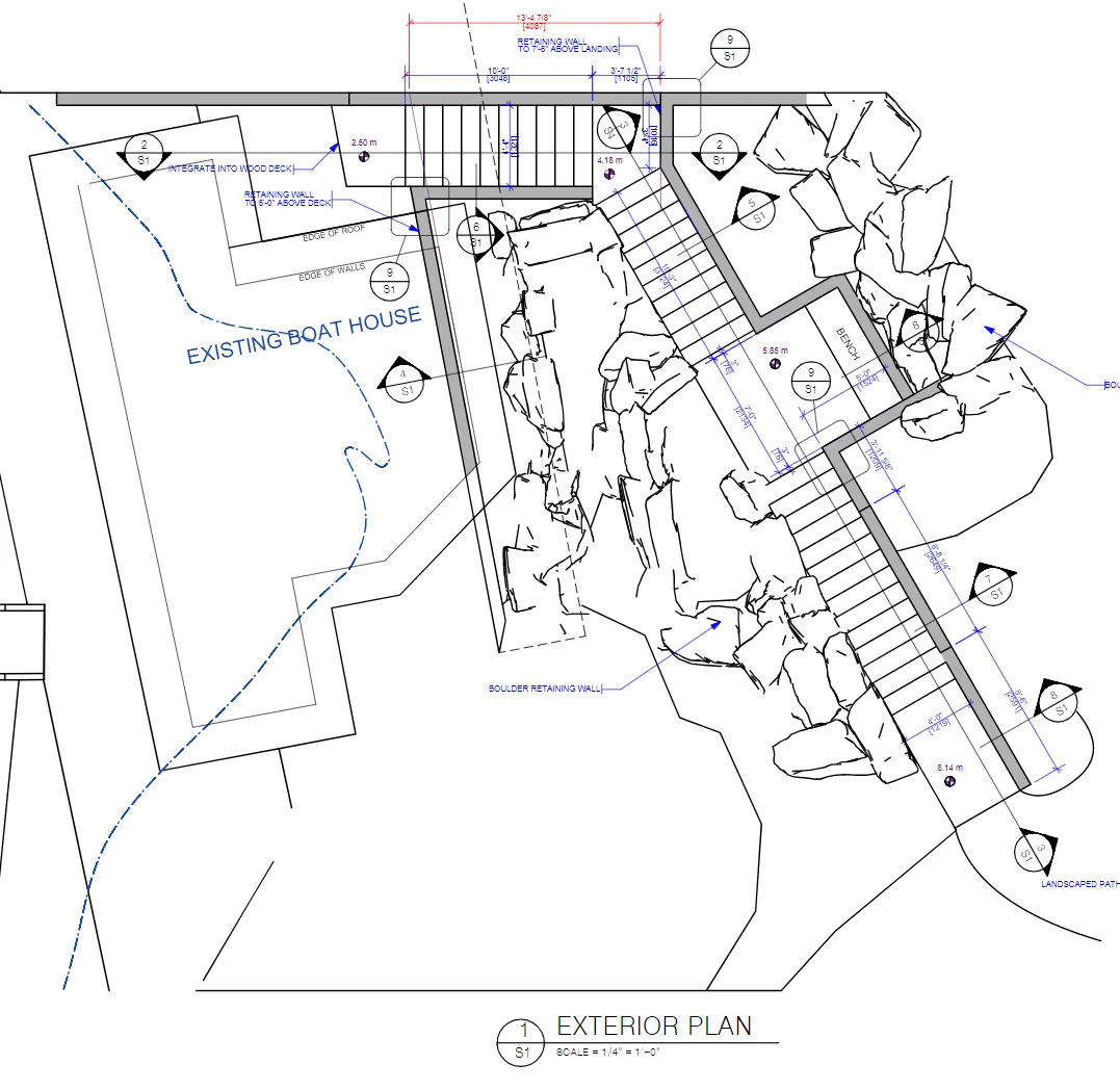 Exterior Plan diagram detailing the locations of the existing boathouse, proposed retaining walls, stairs, and landscaping