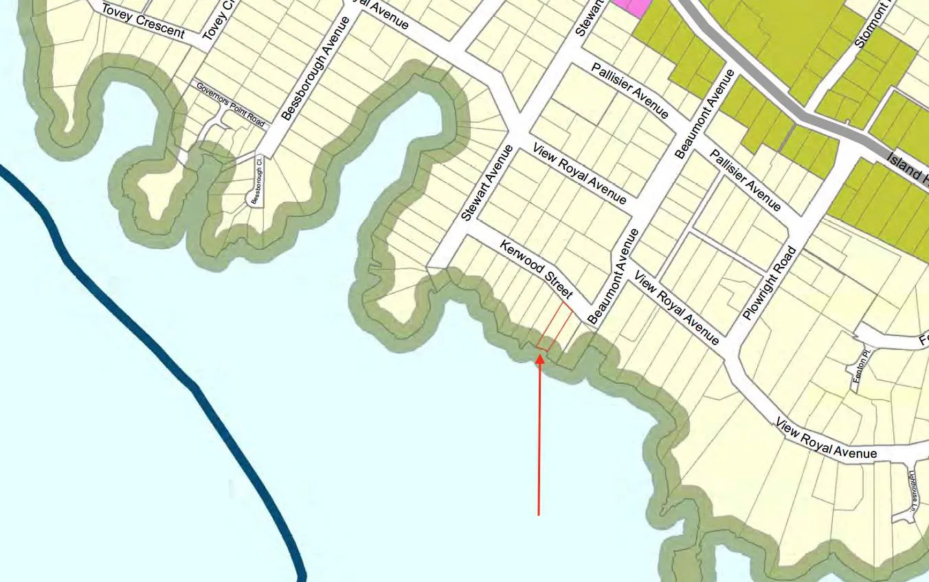 Figure 3. Town of View Royal Natural Watercourse and Shoreline Areas Development Permit Area (green) at site.
