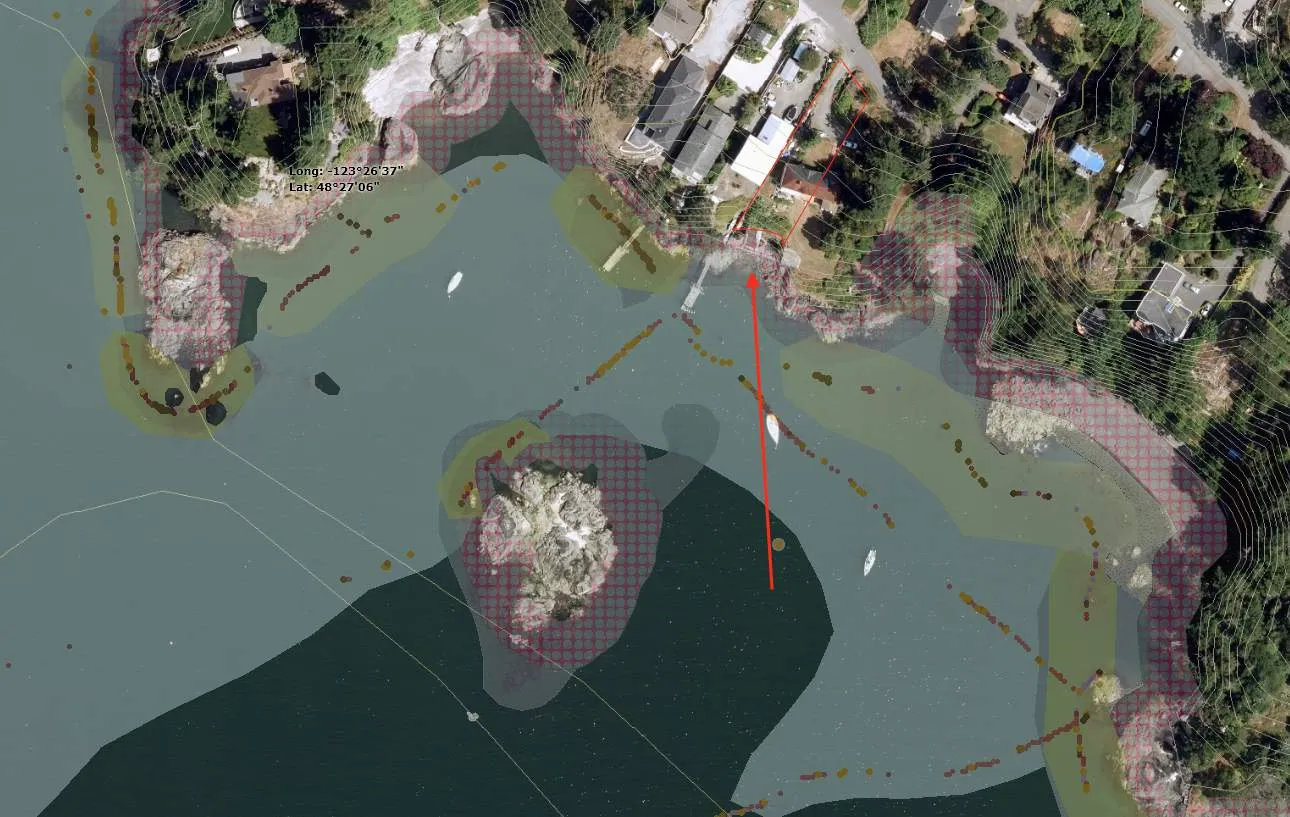 Figure 4. CRD Harbours Atlas – Marine survey area adjacent to 275 Kerwood Avenue (red outline). Note previous residence has been removed and current subject lot is the western half of the previous property. Survey data is from 2000. (Aerial map courtesy of the CRD Harbours Atlas)