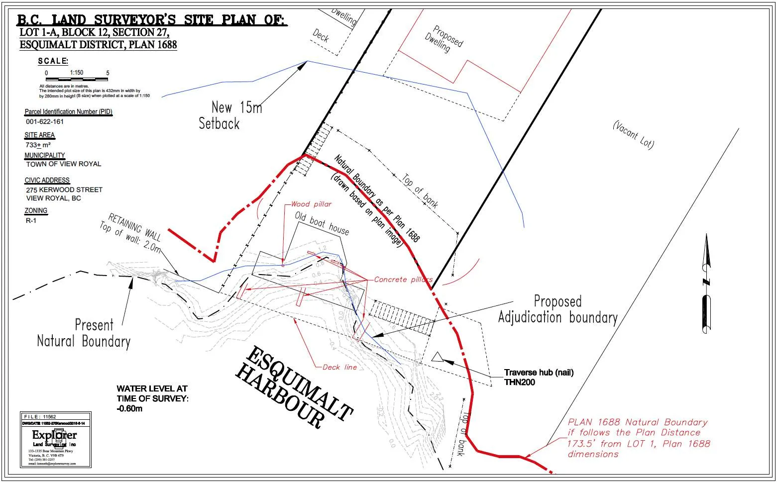 Surveyed site plan excerpt for 275 Kerwood Avenue showing the adjusted Present Natural Boundary, setbacks, and proposed adjudication boundary.