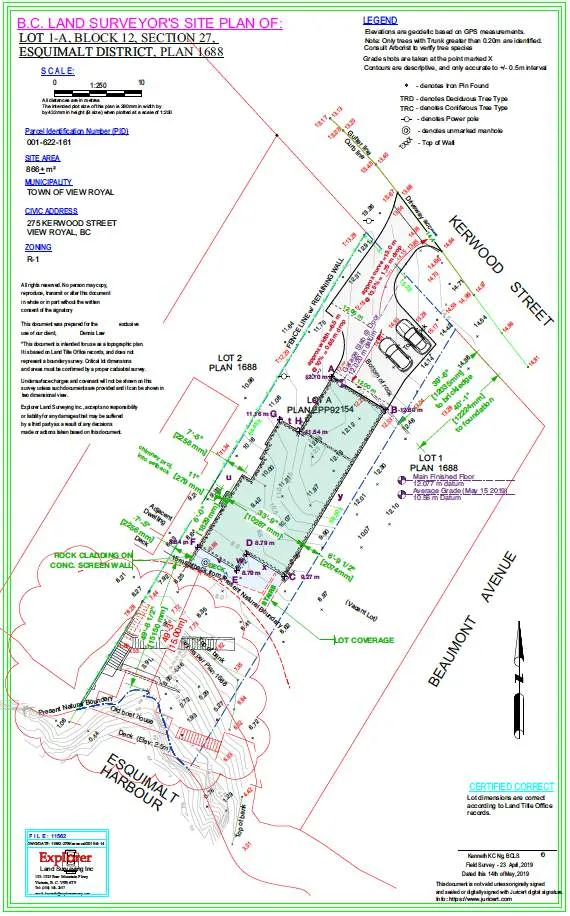Full surveyed site plan for 275 Kerwood Avenue showing property topography, lot coverage, and existing structures.