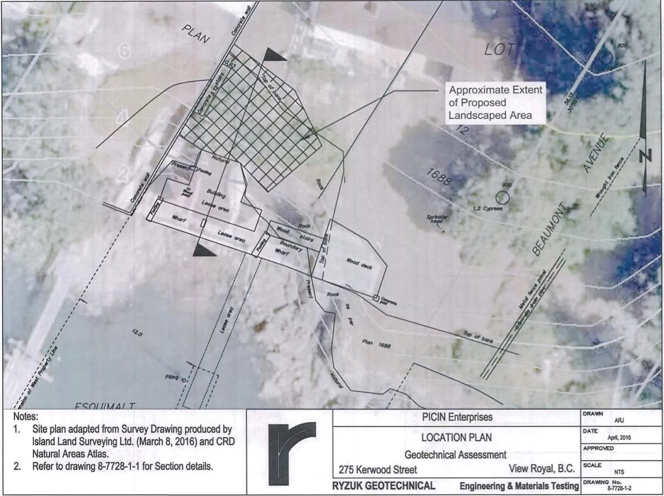 Location plan for shoreline stabilisation area showing property boundaries, existing structures like a wharf and building lease area, and the approximate extent of proposed landscaped area