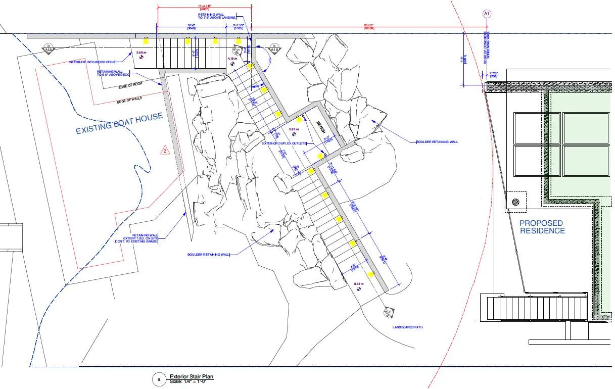 Plan view of proposed engineered shoreline stabilisation including an exterior stair plan, existing boat house, boulder retaining walls, and proximity to proposed residence