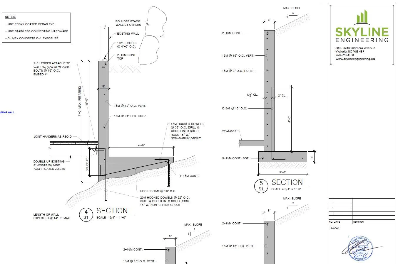 Engineering section drawings showing technical specifications for a proposed pony wall including rebar placement, concrete thickness, and anchorage into solid rock