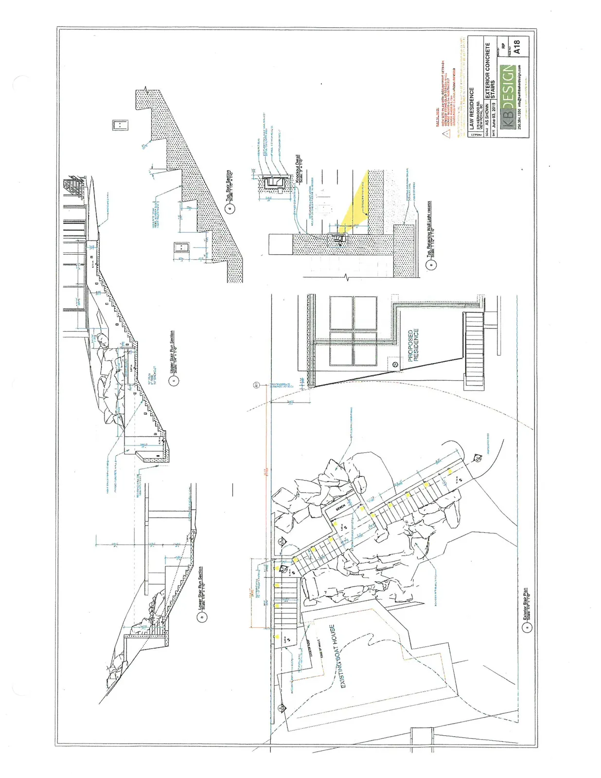 Architectural drawing A18 providing plan views, sections, and construction details for exterior concrete stairs, including layouts between the existing boat house and the proposed residence.