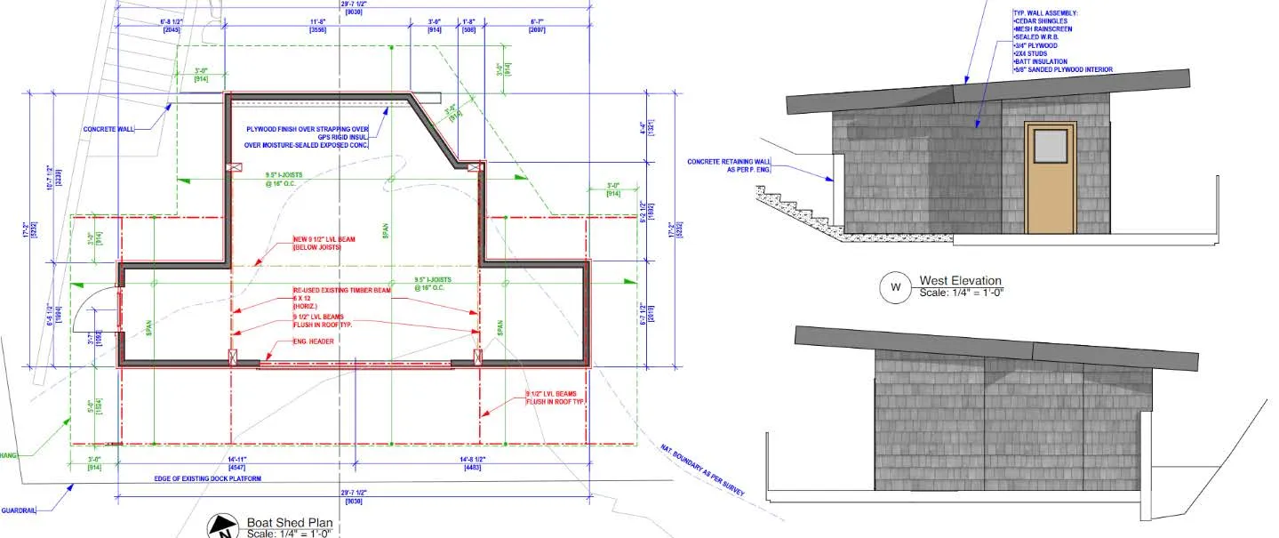 architectural boathouse plan including elevations