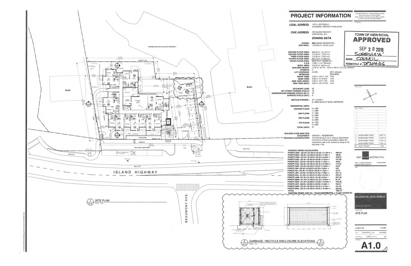 Site plan for a residential development at 250 Island Highway, showing building footprint, landscaping, surface and underground parking layout, and proximity to Island Highway and Beaumont Avenue.