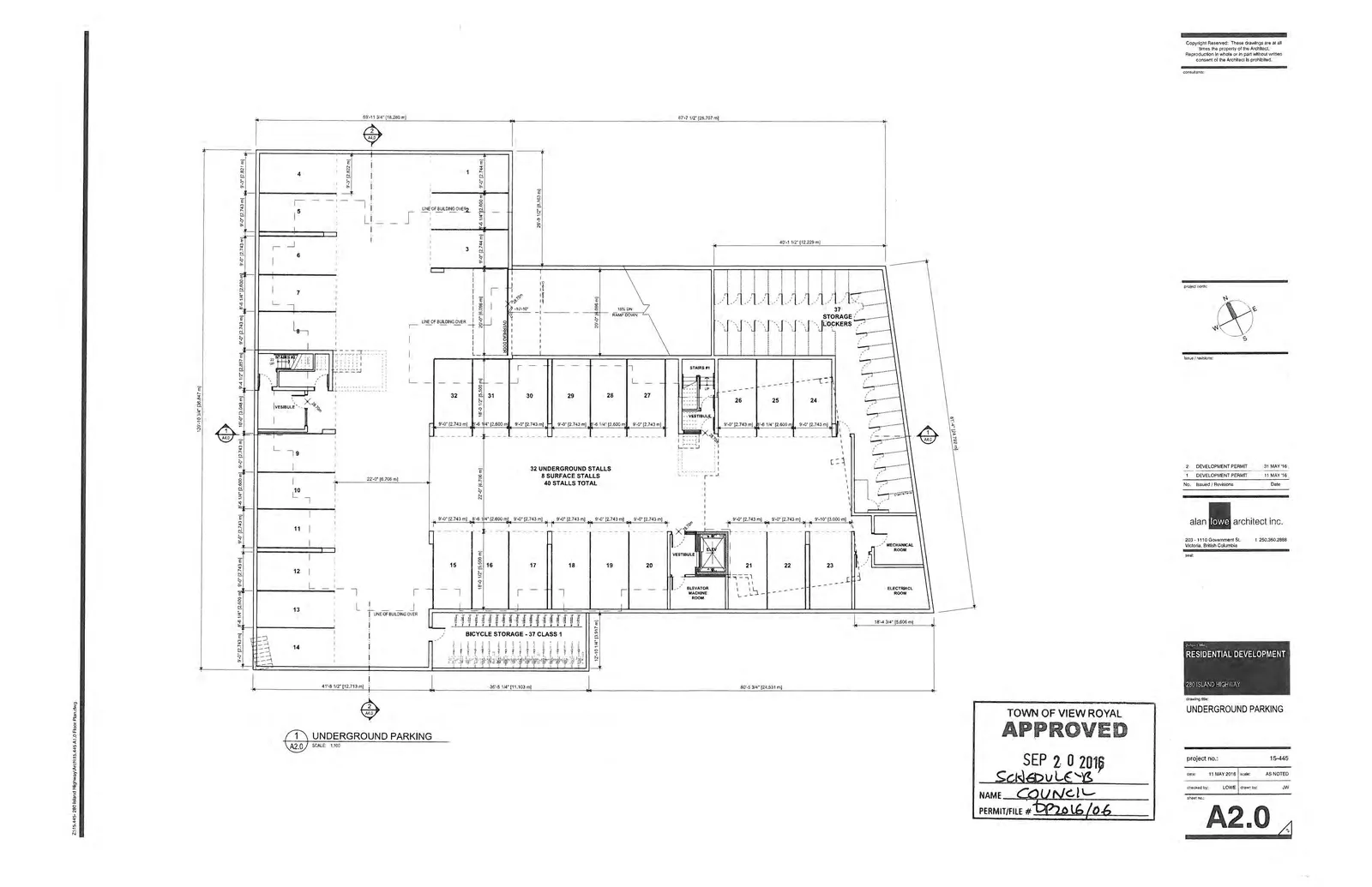 Architectural plan of the underground parking level showing numbered parking stalls 1 through 32, a bicycle storage area for 37 Class 1 bikes, 37 storage lockers, and service rooms including mechanical, electrical, and elevator machine rooms.