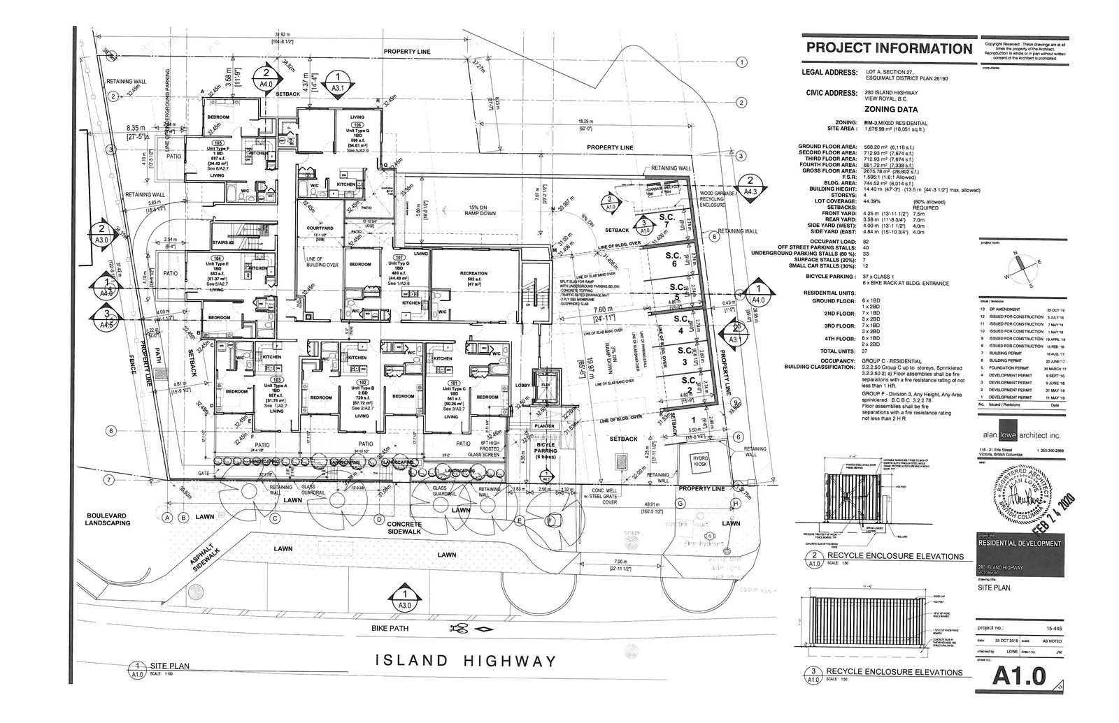 Detailed architectural site plan for 280 Island Highway showing building footprint, internal unit layouts for ground floor units 101 through 107, recreation room, landscaping details, bicycle parking, and property boundaries.