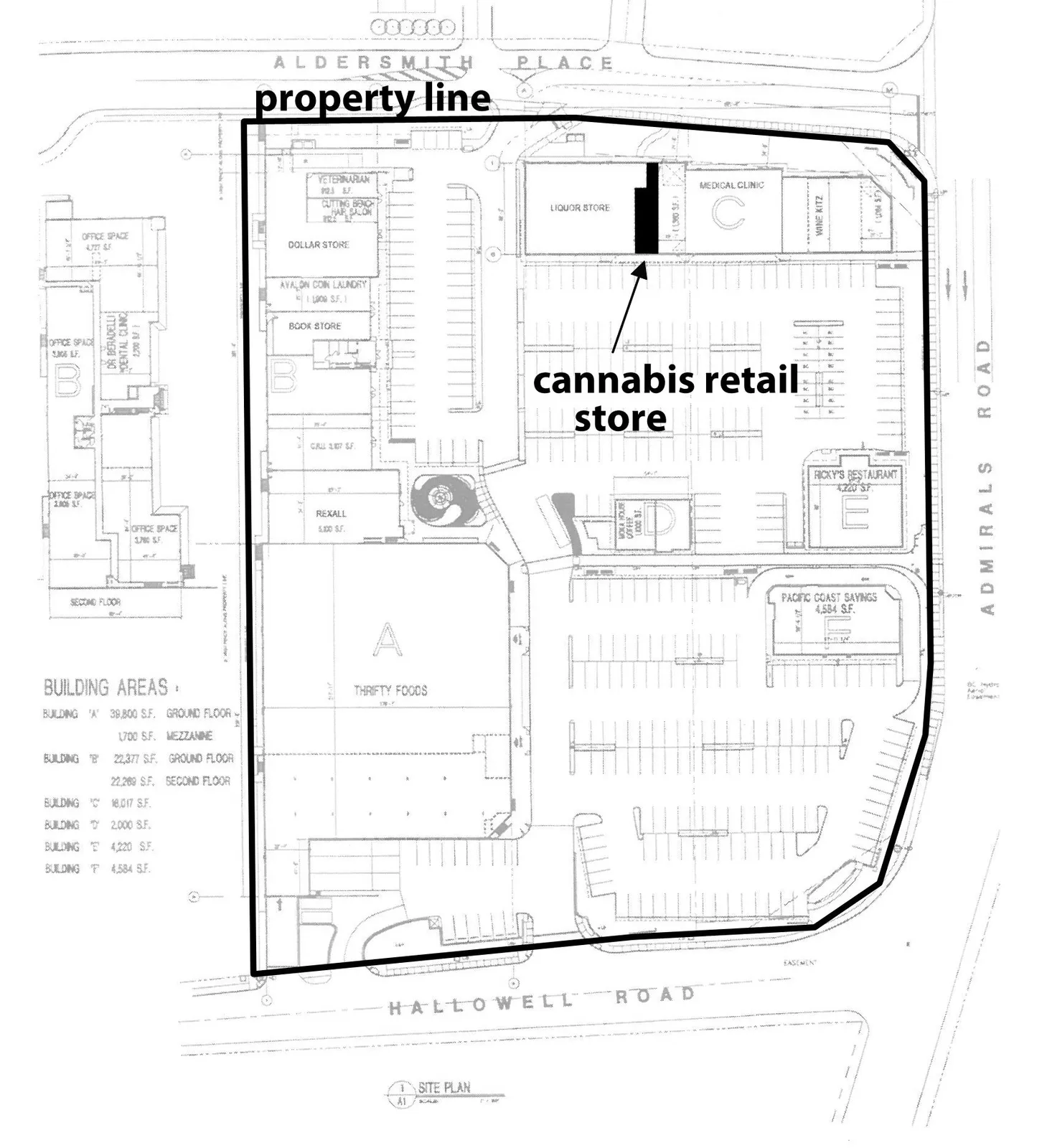Site plan for 1495 Admirals Rd bounded by Aldersmith Place, Admirals Road, and Hallowell Road, showing the property line and identifying a specific unit within a building for a cannabis retail store.