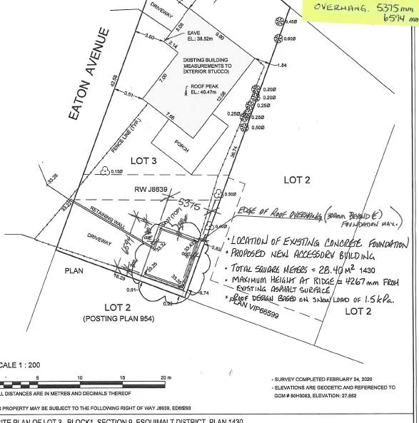 Excerpt from the site plan showing the proposed accessory building location, dimensions, and proximity to lot lines at 8 Eaton Avenue