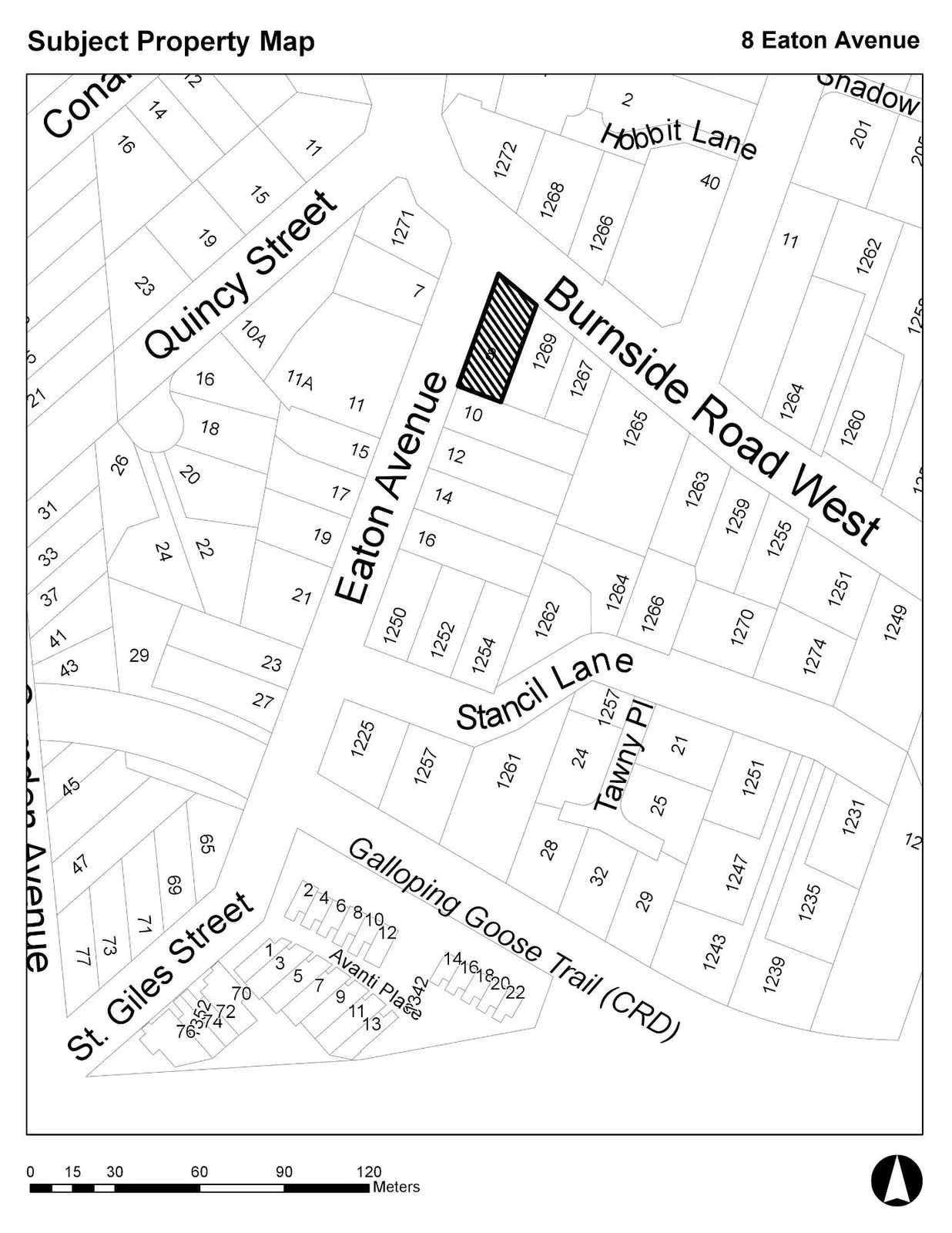 Subject Property Map highlighting 8 Eaton Avenue and surrounding parcels on Burnside Road West, Quincy Street, and Eaton Avenue
