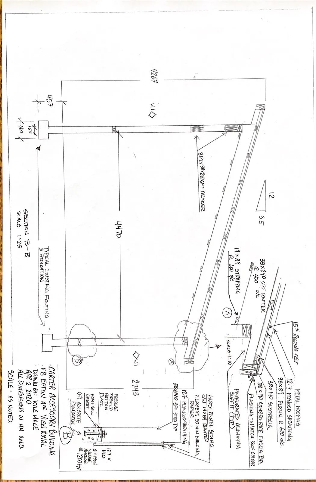 Section B-B detailed cross-section with roof and foundation details