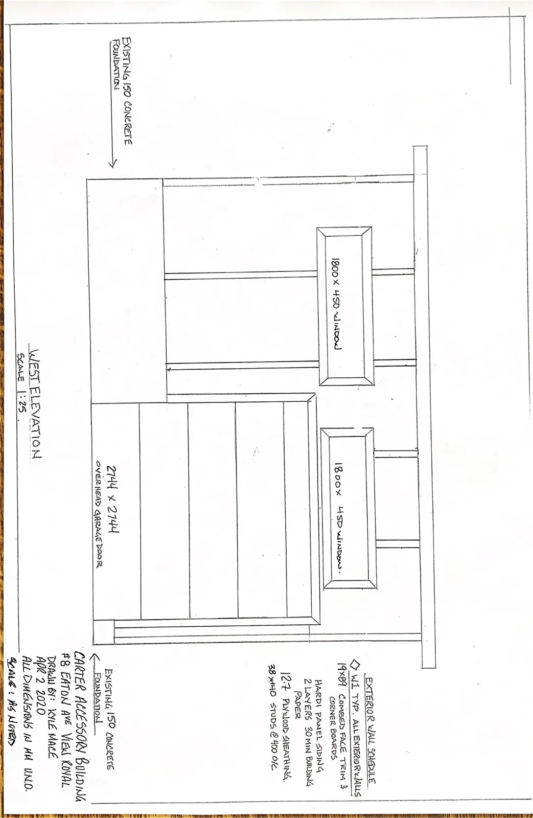 West Elevation showing windows and garage door