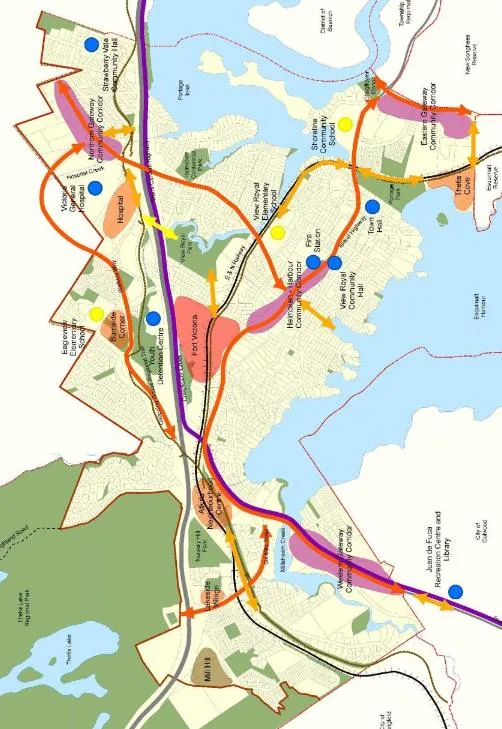 Map of View Royal illustrating Community Plan corridors, including Northern, Eastern, and Western Gateway corridors, and key local landmarks