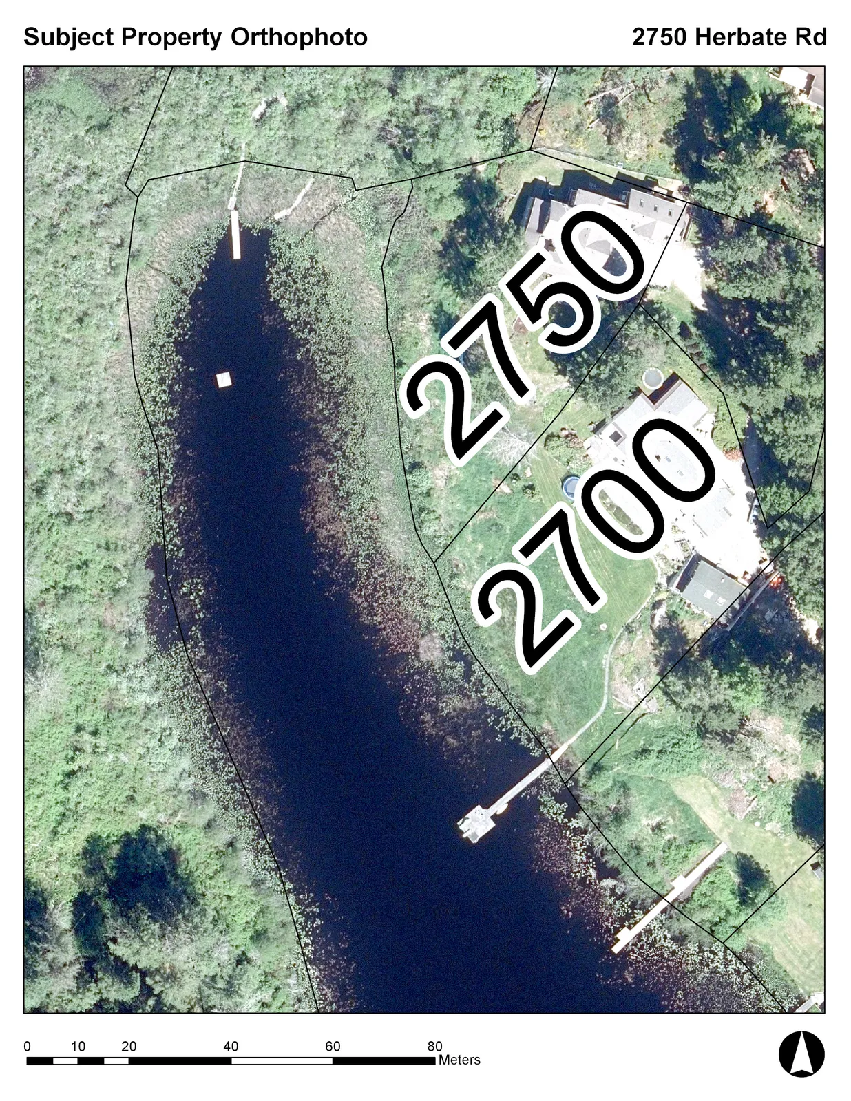 Orthophoto map showing the property boundaries and aerial view of 2750 and 2700 Herbate Rd, including buildings, landscaping, and docks on the adjacent body of water, with a distance scale in meters.